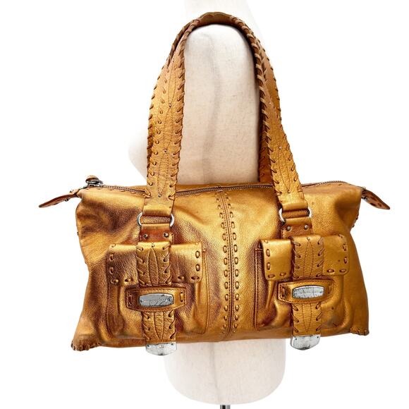 Michael Kors metallic orange leather whipstitch HANDBAG bag top handle purse - Picture 1 of 12